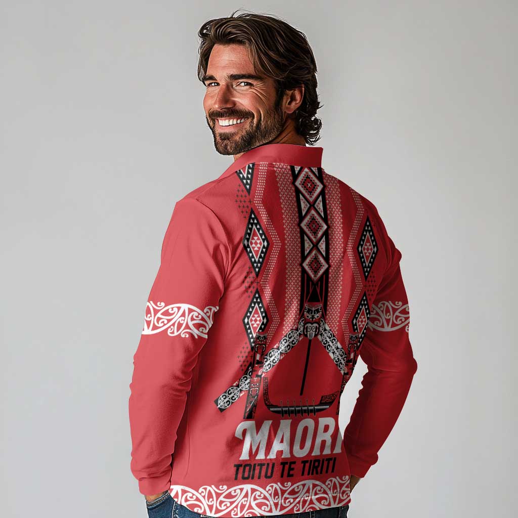 Toitu Te Tiriti Waitangi Long Sleeve Polo Shirt Red Wharenui House - Polynesian Pride
