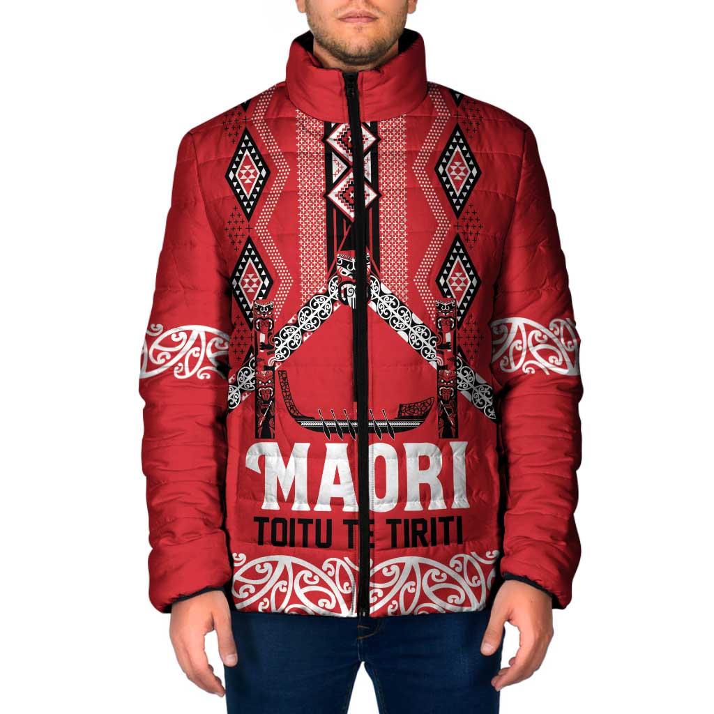 Toitu Te Tiriti Waitangi Padded Jacket Red Wharenui House - Polynesian Pride