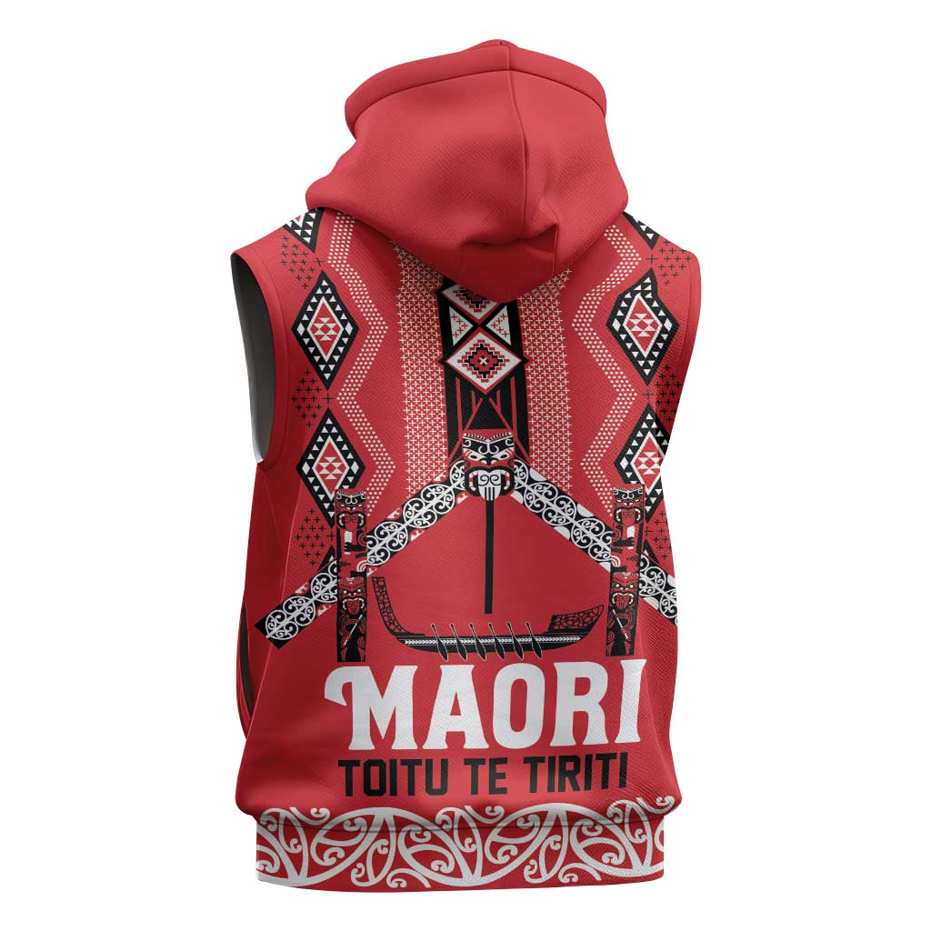 Toitu Te Tiriti Waitangi Sleeveless Hoodie Red Wharenui House - Polynesian Pride