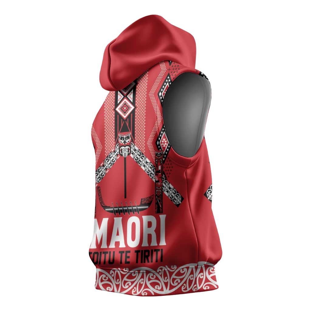 Toitu Te Tiriti Waitangi Sleeveless Hoodie Red Wharenui House - Polynesian Pride