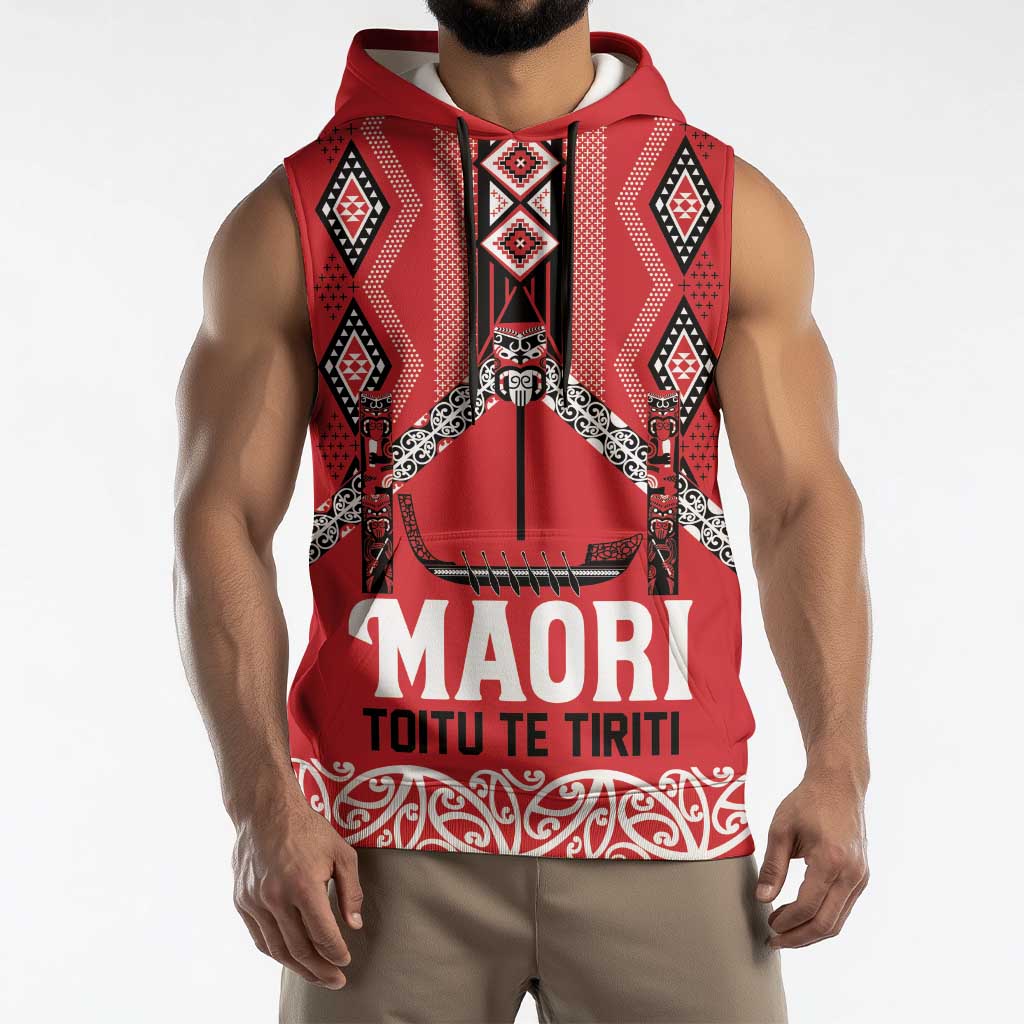 Toitu Te Tiriti Waitangi Sleeveless Hoodie Red Wharenui House - Polynesian Pride