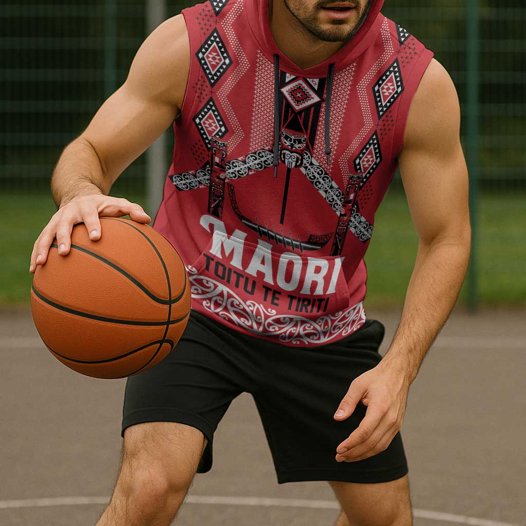 Toitu Te Tiriti Waitangi Sleeveless Hoodie Red Wharenui House - Polynesian Pride