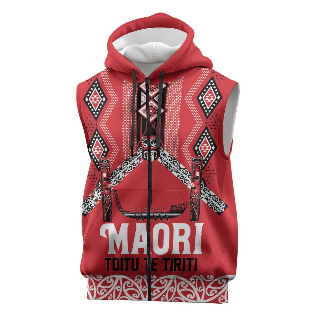 Toitu Te Tiriti Waitangi Sleeveless Zip Hoodie Red Wharenui House - Polynesian Pride