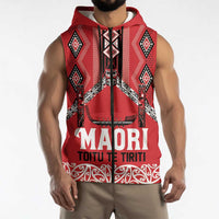 Toitu Te Tiriti Waitangi Sleeveless Zip Hoodie Red Wharenui House - Polynesian Pride