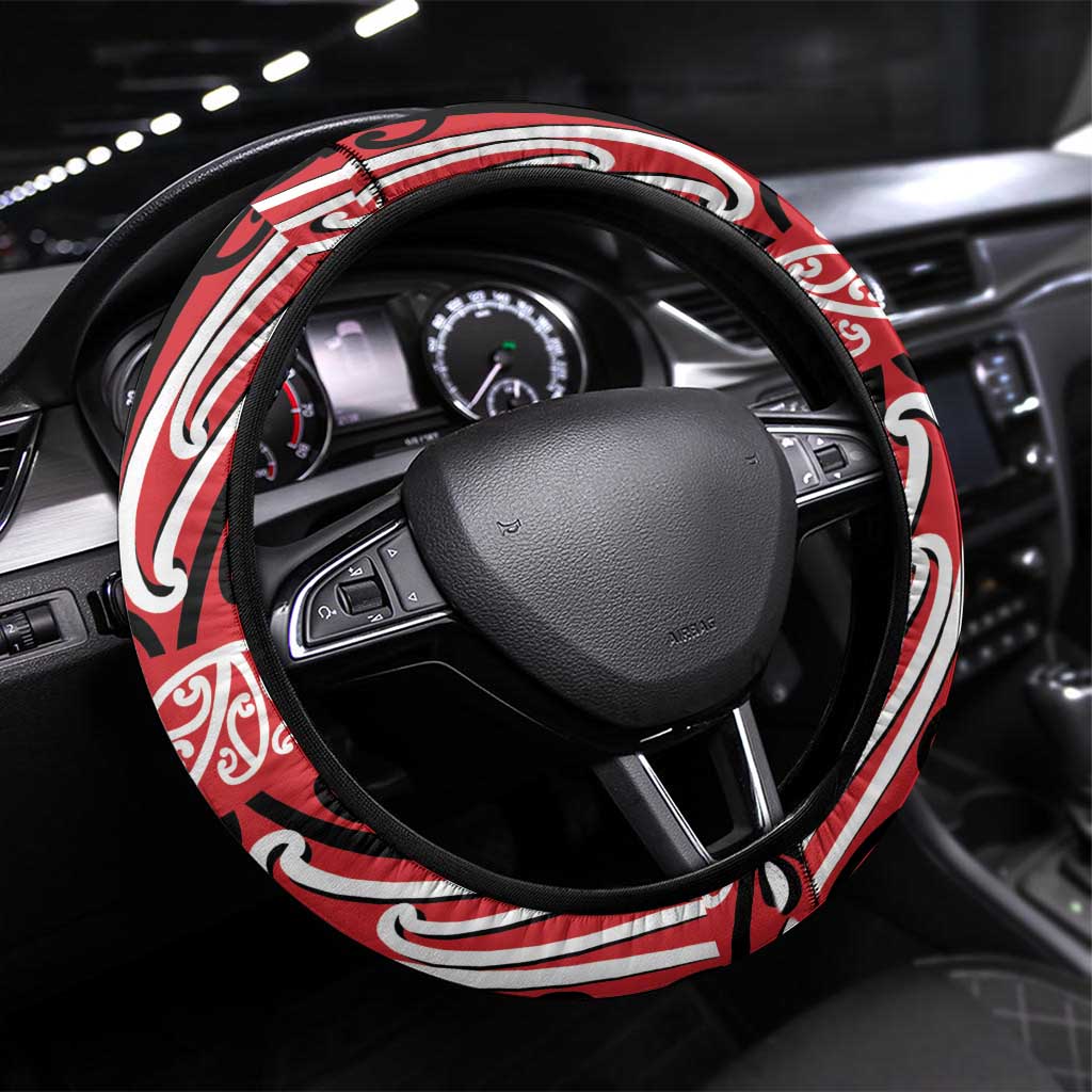 Toitu Te Tiriti Waitangi Steering Wheel Cover Red Wharenui House - Polynesian Pride