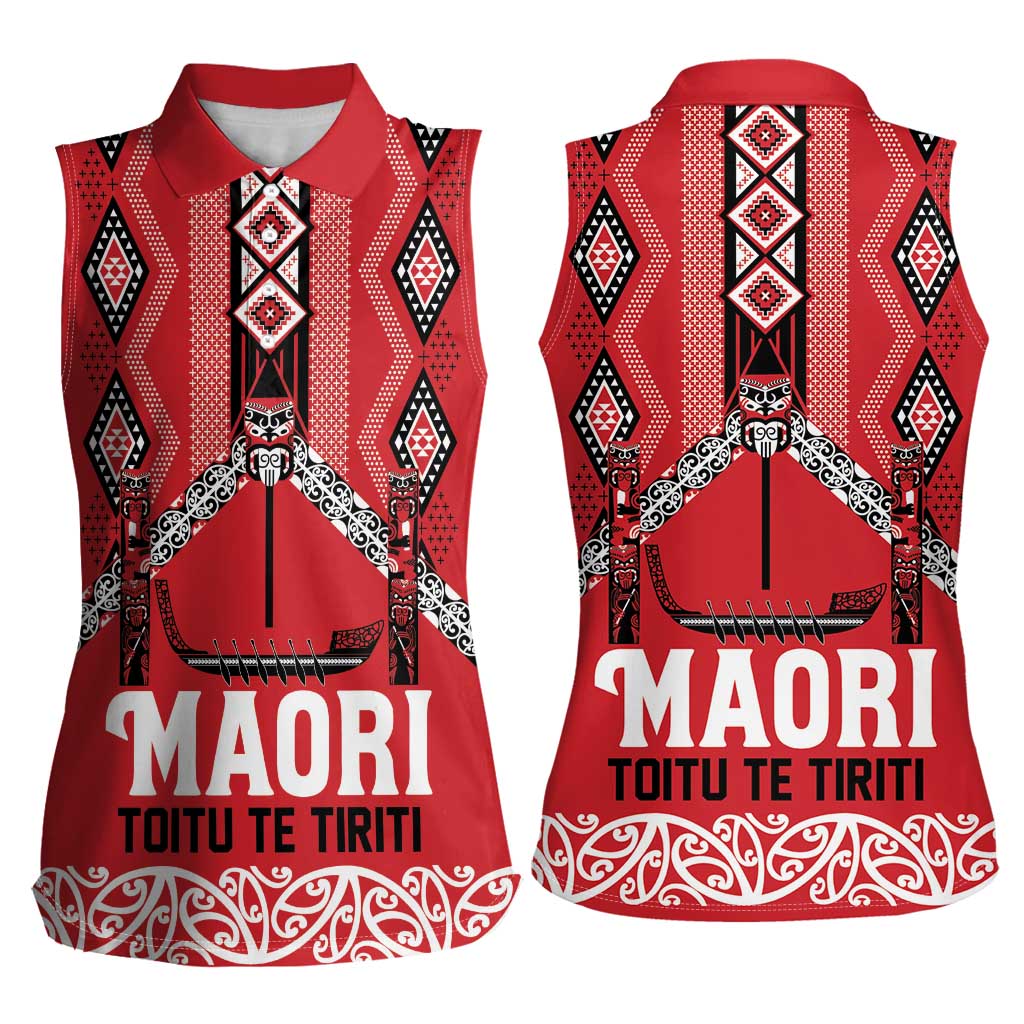 Toitu Te Tiriti Waitangi Women Sleeveless Polo Shirt Red Wharenui House LT9 - Polynesian Pride