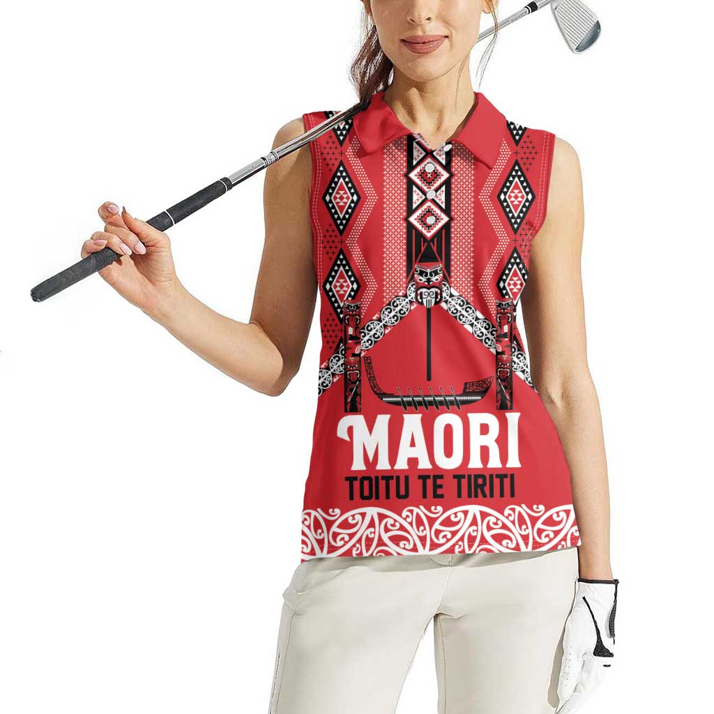 Toitu Te Tiriti Waitangi Women Sleeveless Polo Shirt Red Wharenui House LT9 - Polynesian Pride