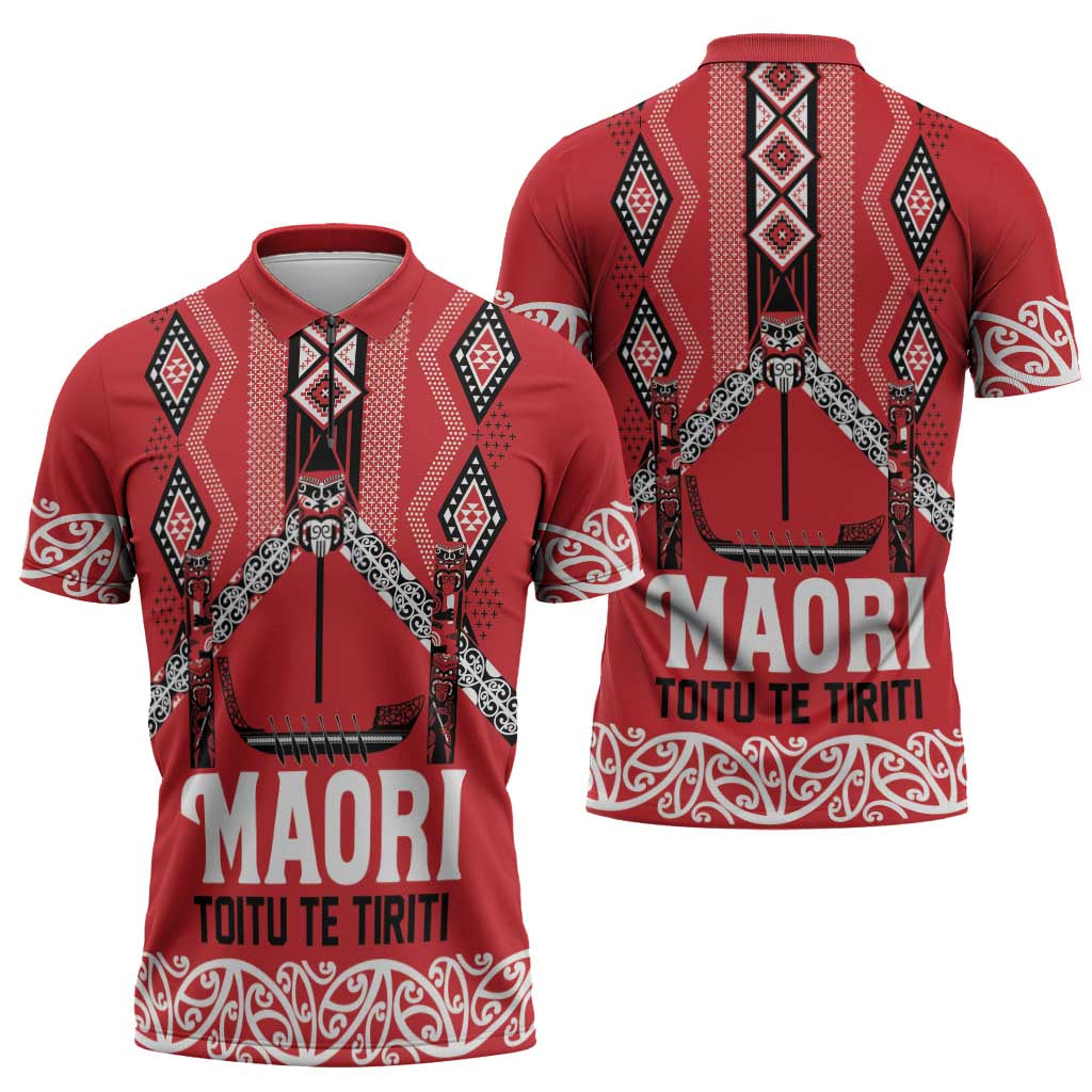 Toitu Te Tiriti Waitangi Zipper Polo Shirt Red Wharenui House - Polynesian Pride