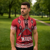Toitu Te Tiriti Waitangi Zipper Polo Shirt Red Wharenui House - Polynesian Pride