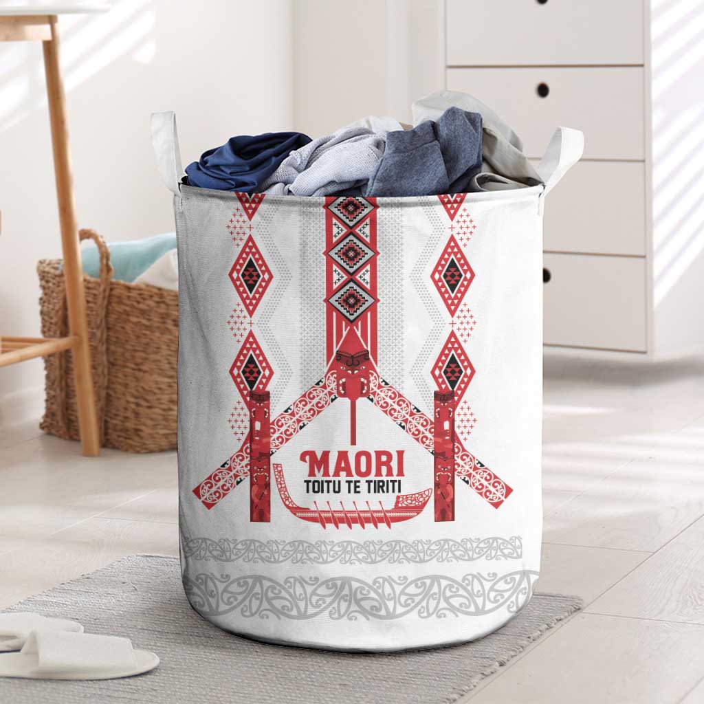 Toitu Te Tiriti Waitangi Laundry Basket White Wharenui House LT9 white - Polynesian Pride