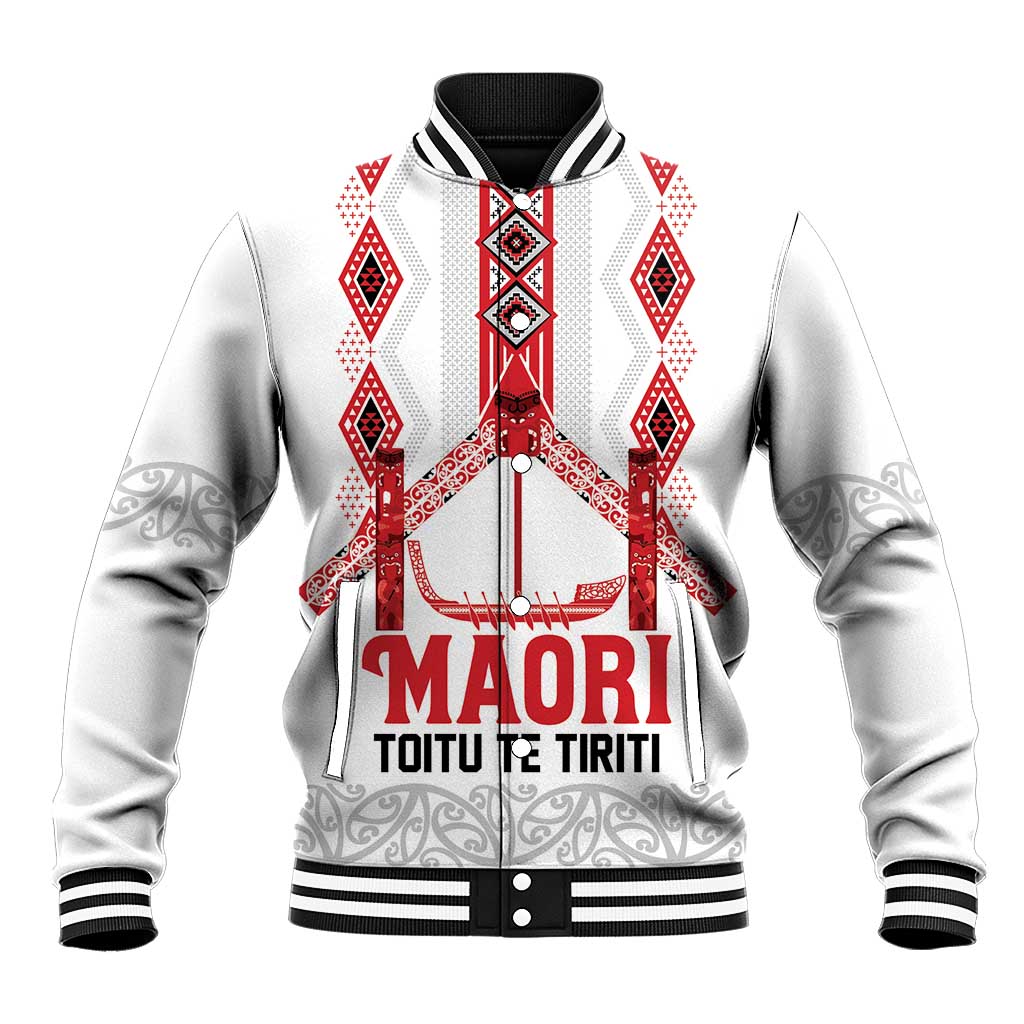 Toitu Te Tiriti Waitangi Baseball Jacket White Wharenui House - Polynesian Pride