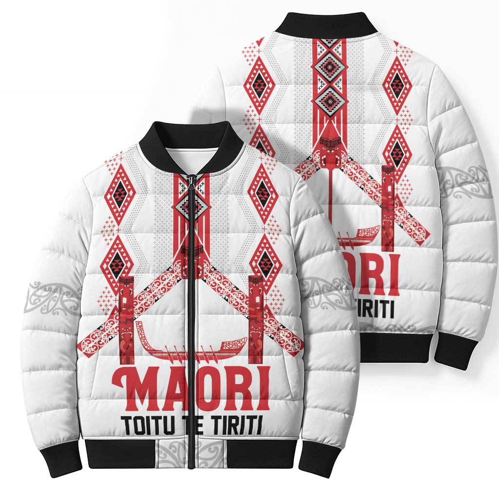 Toitu Te Tiriti Waitangi Bomber Puffer Jacket White Wharenui House - Polynesian Pride