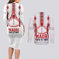 Toitu Te Tiriti Waitangi Couples Matching Long Sleeve Bodycon Dress and Long Sleeve Button Shirt White Wharenui House LT9 - Polynesian Pride