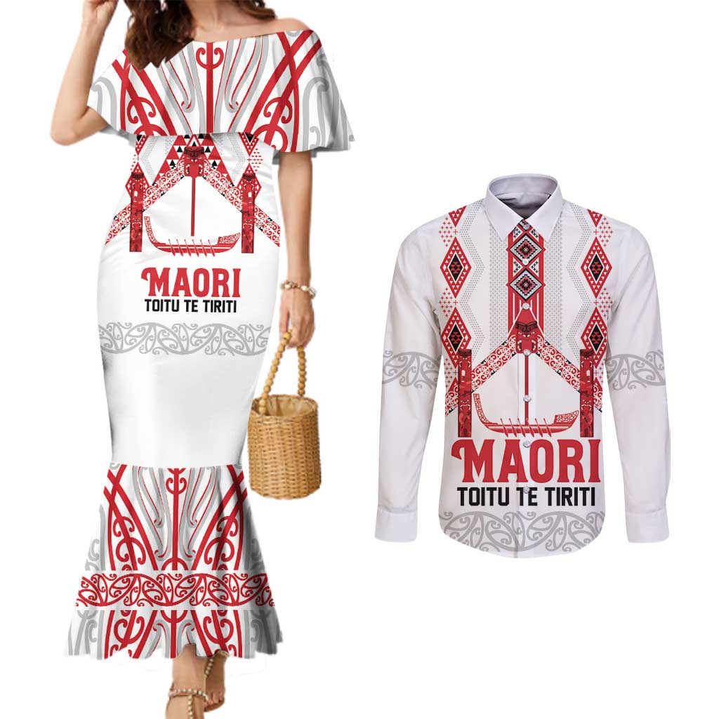 Toitu Te Tiriti Waitangi Couples Matching Mermaid Dress and Long Sleeve Button Shirt White Wharenui House LT9 white - Polynesian Pride