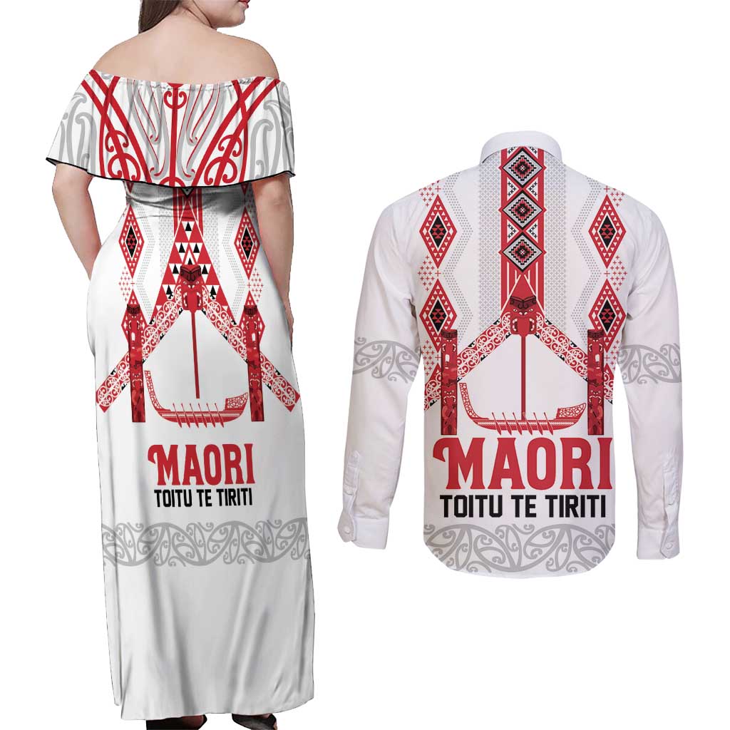 Toitu Te Tiriti Waitangi Couples Matching Off Shoulder Maxi Dress and Long Sleeve Button Shirt White Wharenui House LT9 - Polynesian Pride