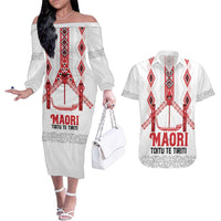 Toitu Te Tiriti Waitangi Couples Matching Off The Shoulder Long Sleeve Dress and Hawaiian Shirt White Wharenui House LT9 white - Polynesian Pride