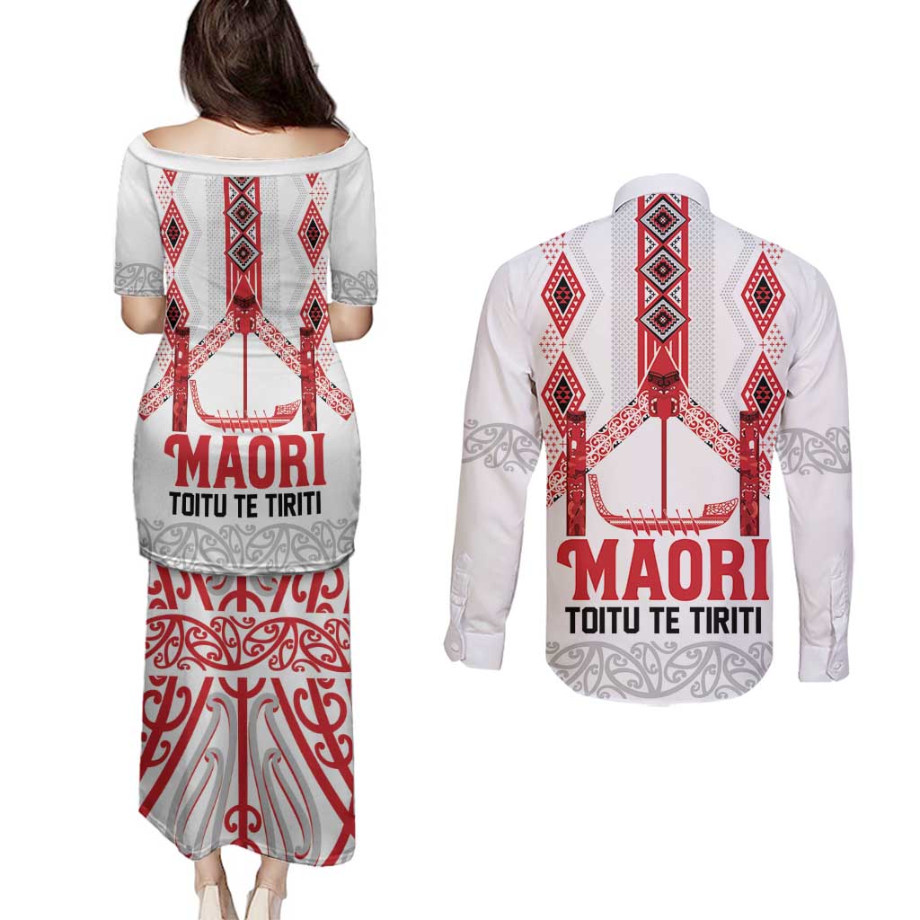Toitu Te Tiriti Waitangi Couples Matching Puletasi and Long Sleeve Button Shirt White Wharenui House LT9 - Polynesian Pride