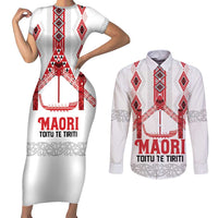 Toitu Te Tiriti Waitangi Couples Matching Short Sleeve Bodycon Dress and Long Sleeve Button Shirt White Wharenui House LT9 white - Polynesian Pride