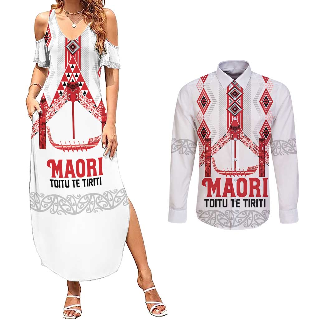 Toitu Te Tiriti Waitangi Couples Matching Summer Maxi Dress and Long Sleeve Button Shirt White Wharenui House LT9 white - Polynesian Pride
