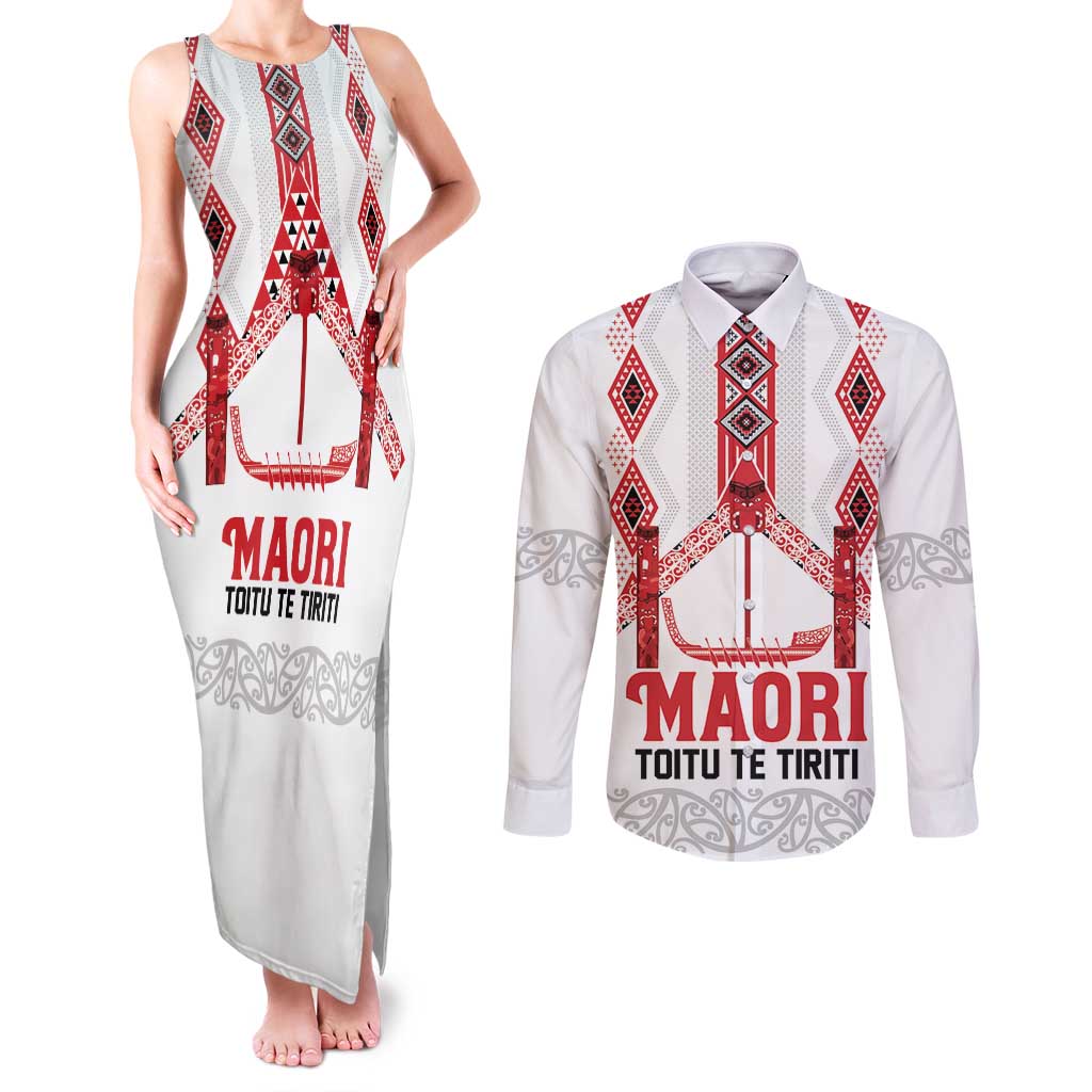 Toitu Te Tiriti Waitangi Couples Matching Tank Maxi Dress and Long Sleeve Button Shirt White Wharenui House LT9 white - Polynesian Pride