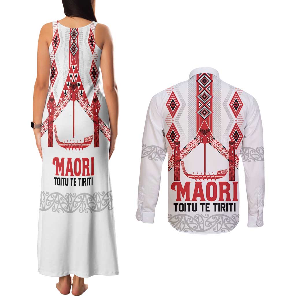 Toitu Te Tiriti Waitangi Couples Matching Tank Maxi Dress and Long Sleeve Button Shirt White Wharenui House LT9 - Polynesian Pride