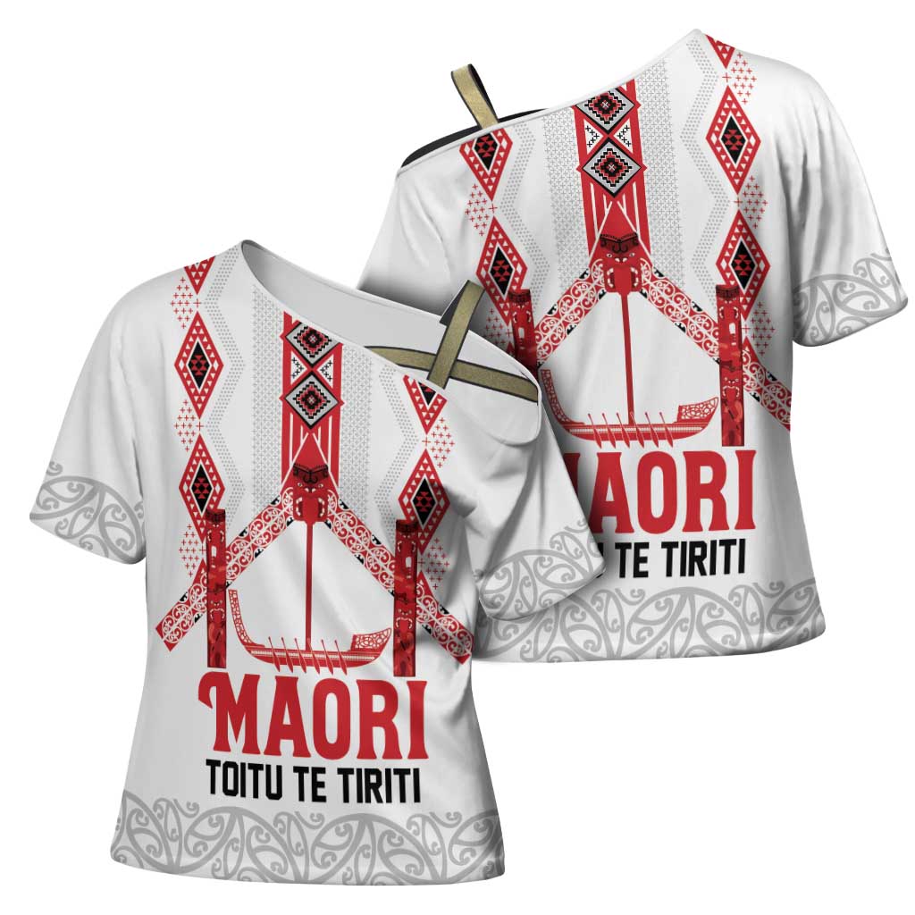 Toitu Te Tiriti Waitangi Cross Shoulder Shirt White Wharenui House LT9 - Polynesian Pride