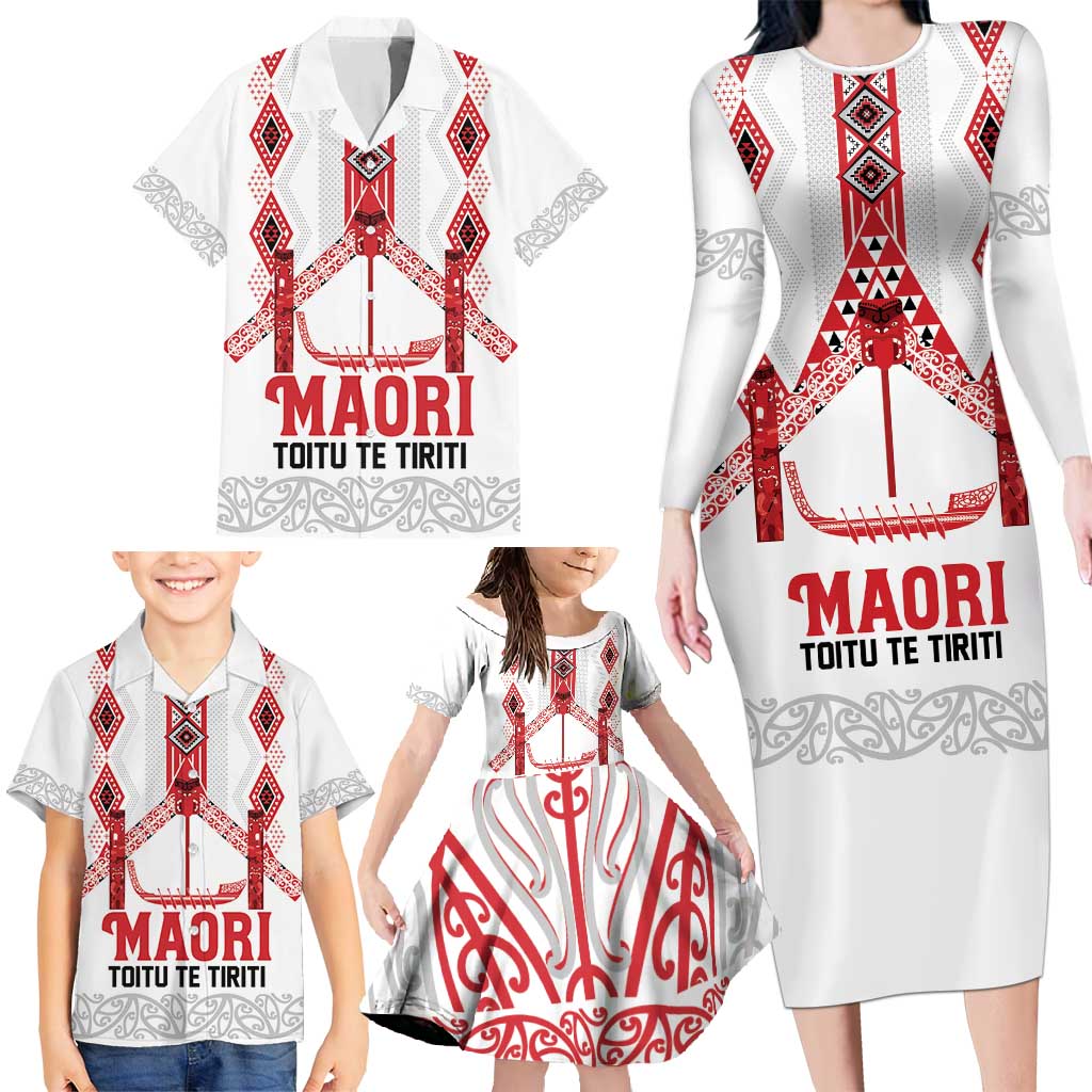 Toitu Te Tiriti Waitangi Family Matching Long Sleeve Bodycon Dress and Hawaiian Shirt White Wharenui House LT9 - Polynesian Pride
