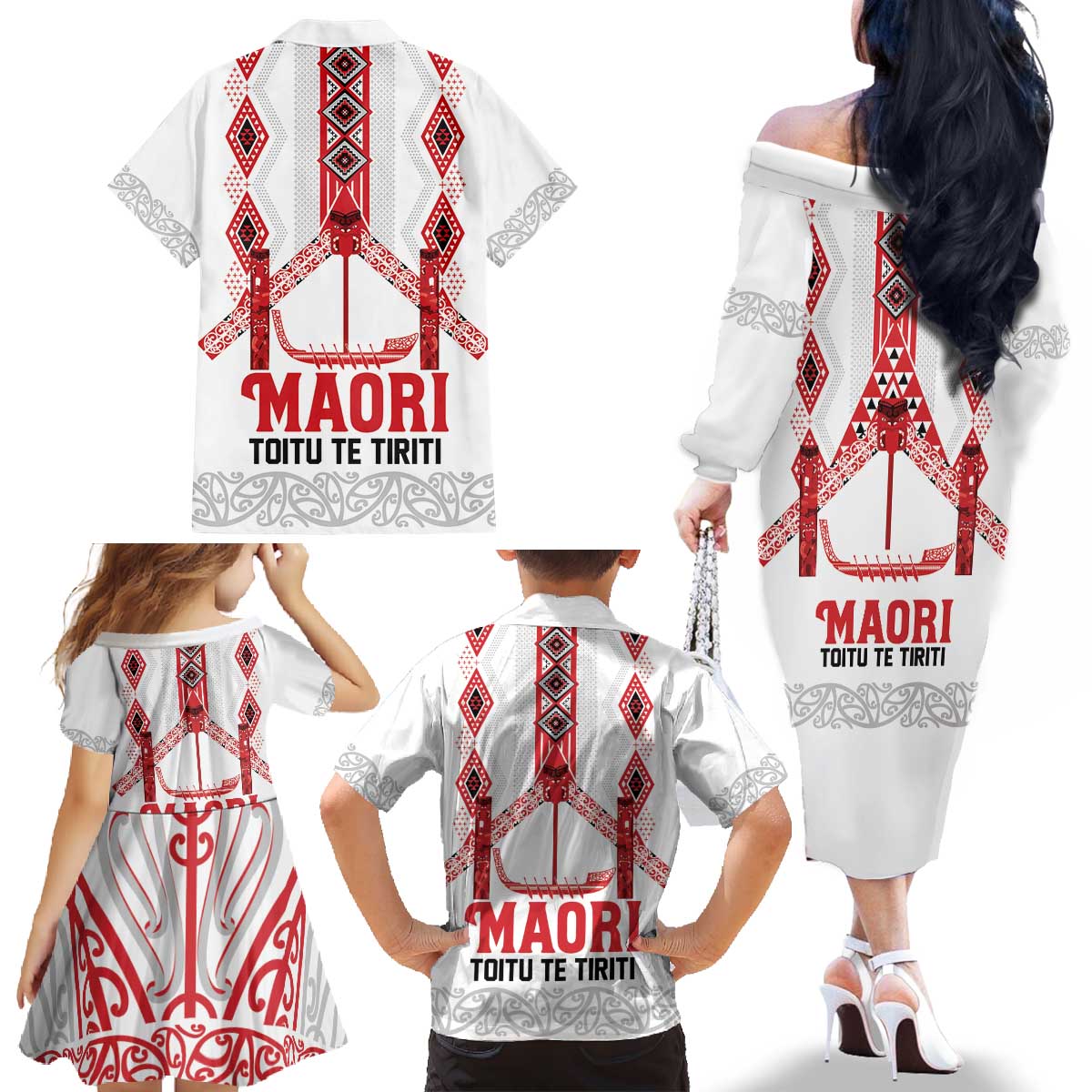 Toitu Te Tiriti Waitangi Family Matching Off The Shoulder Long Sleeve Dress and Hawaiian Shirt White Wharenui House LT9 - Polynesian Pride
