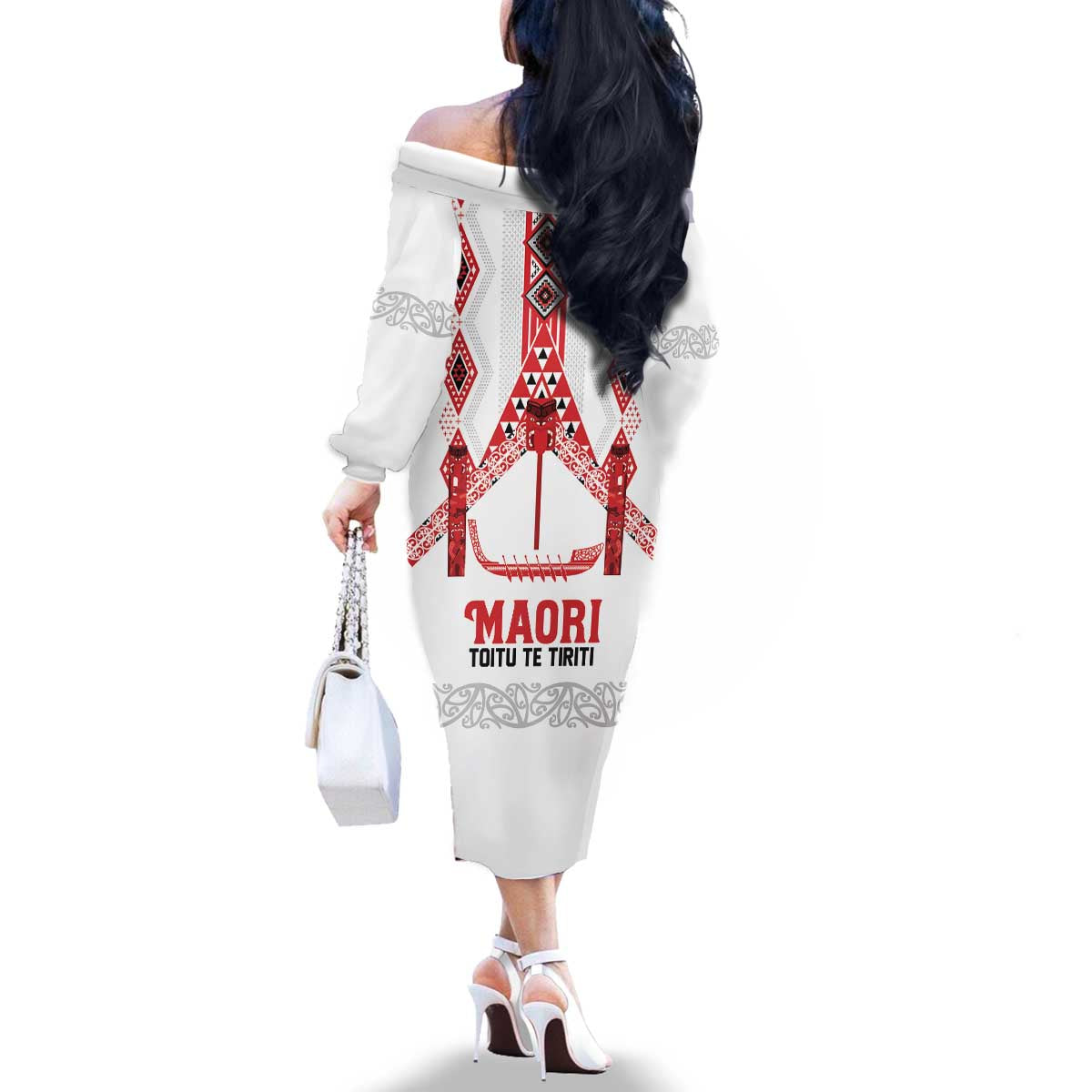 Toitu Te Tiriti Waitangi Family Matching Off The Shoulder Long Sleeve Dress and Hawaiian Shirt White Wharenui House LT9 - Polynesian Pride