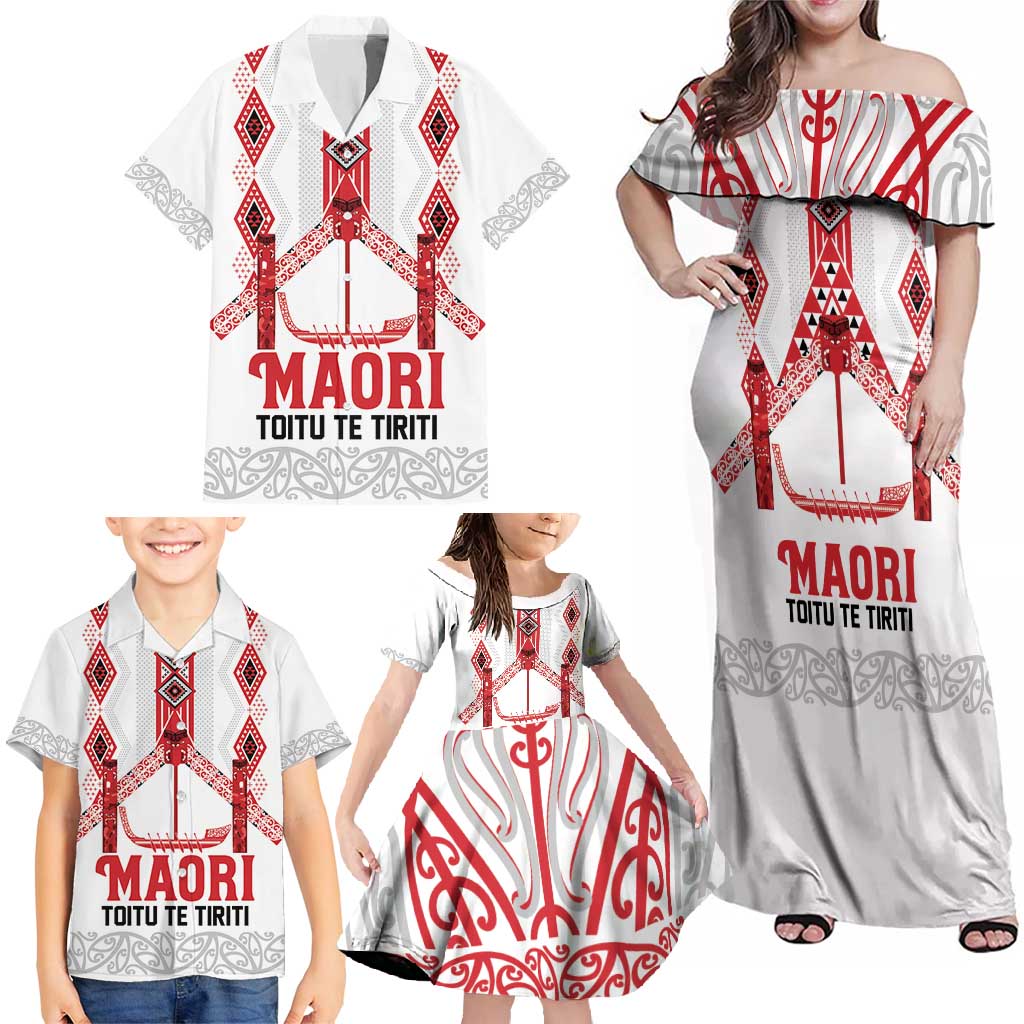 Toitu Te Tiriti Waitangi Family Matching Off Shoulder Maxi Dress and Hawaiian Shirt White Wharenui House LT9 - Polynesian Pride
