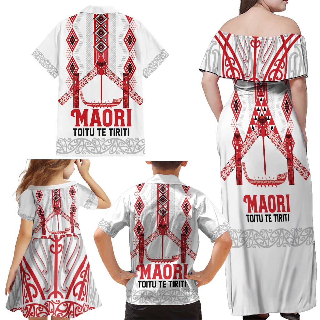 Toitu Te Tiriti Waitangi Family Matching Off Shoulder Maxi Dress and Hawaiian Shirt White Wharenui House LT9 - Polynesian Pride