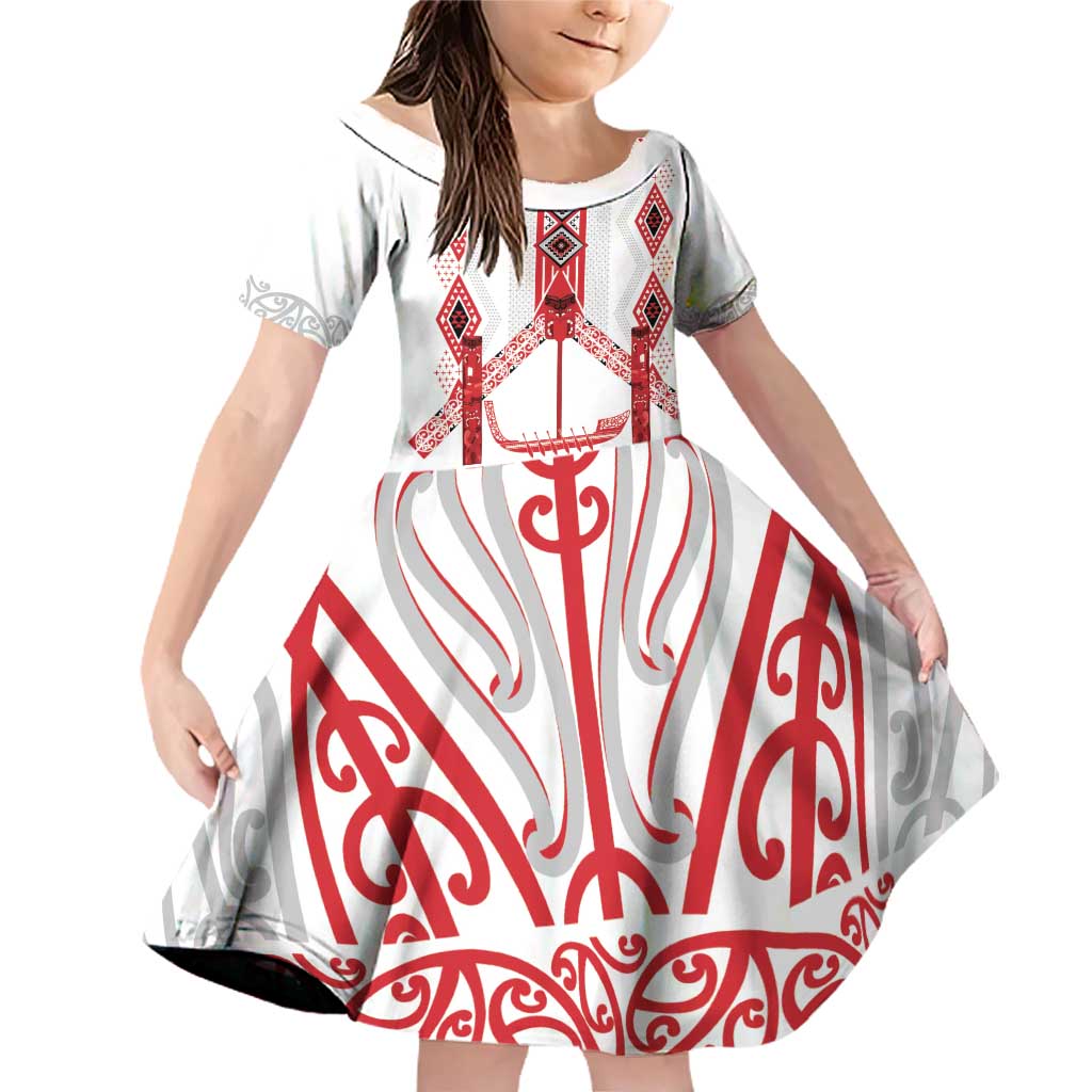 Toitu Te Tiriti Waitangi Family Matching Off Shoulder Short Dress and Hawaiian Shirt White Wharenui House LT9 Daughter's Dress white - Polynesian Pride