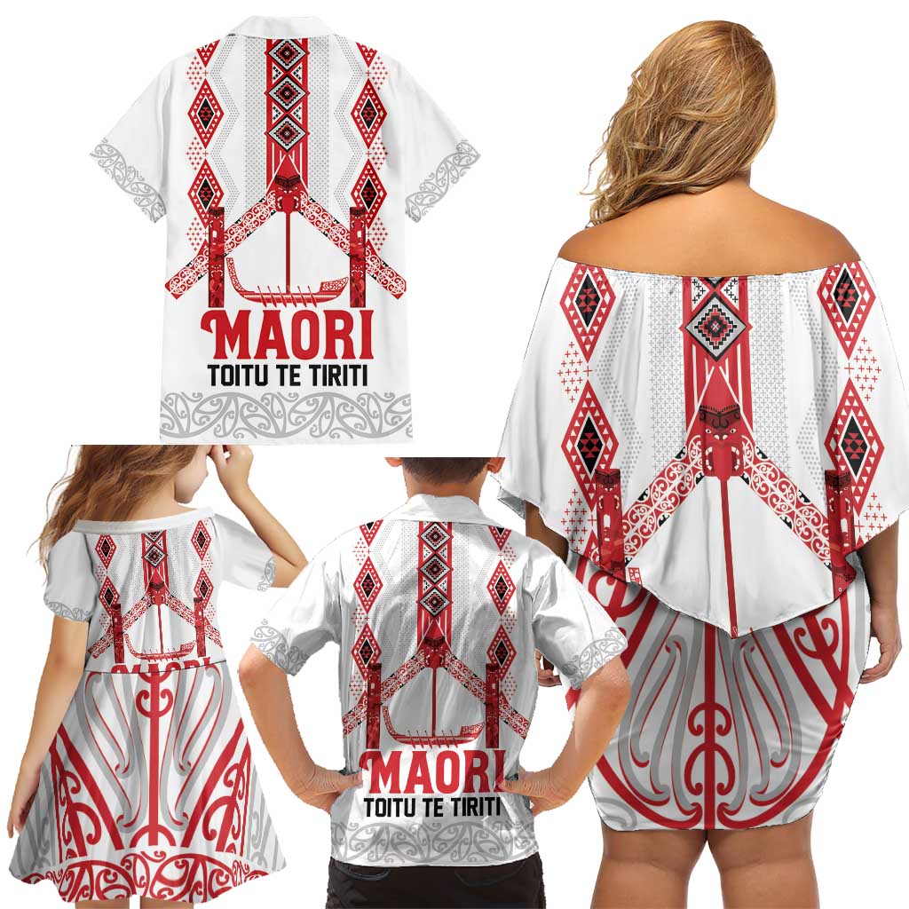 Toitu Te Tiriti Waitangi Family Matching Off Shoulder Short Dress and Hawaiian Shirt White Wharenui House LT9 - Polynesian Pride