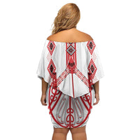 Toitu Te Tiriti Waitangi Family Matching Off Shoulder Short Dress and Hawaiian Shirt White Wharenui House LT9 - Polynesian Pride
