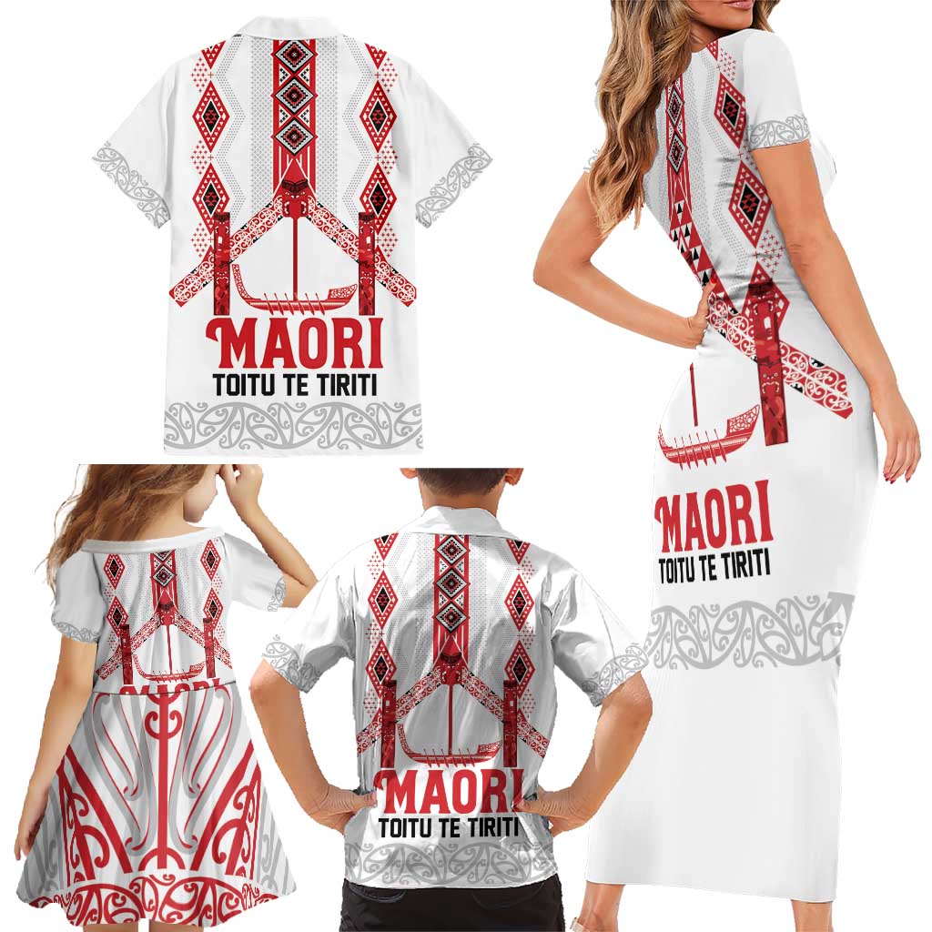 Toitu Te Tiriti Waitangi Family Matching Short Sleeve Bodycon Dress and Hawaiian Shirt White Wharenui House LT9 - Polynesian Pride