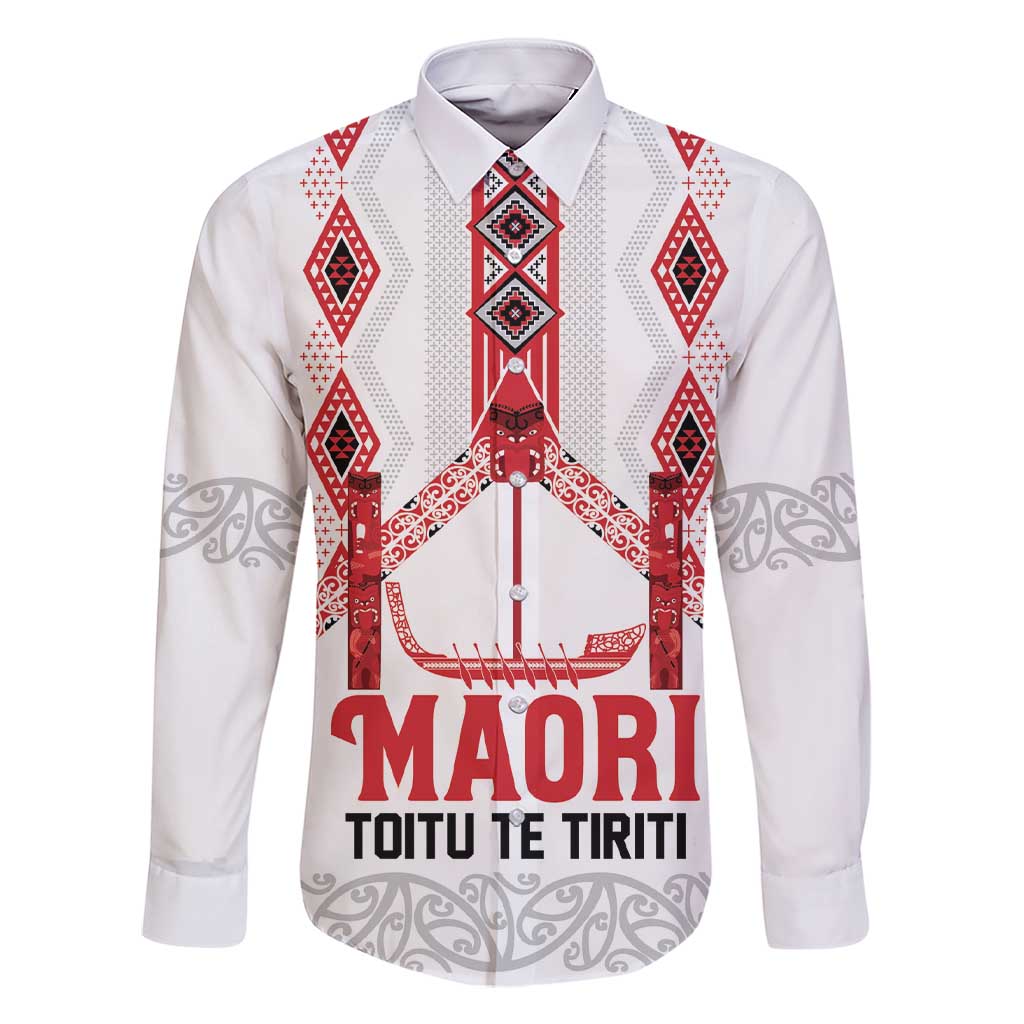 Toitu Te Tiriti Waitangi Family Matching Short Sleeve Bodycon Dress and Hawaiian Shirt White Wharenui House LT9 Dad's Shirt - Long Sleeve white - Polynesian Pride