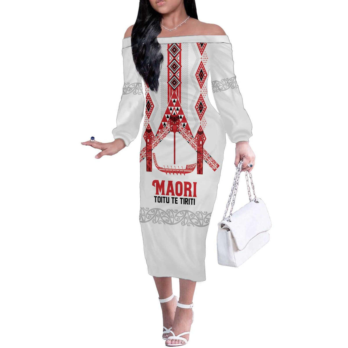 Toitu Te Tiriti Waitangi Off The Shoulder Long Sleeve Dress White Wharenui House LT9 Women white - Polynesian Pride