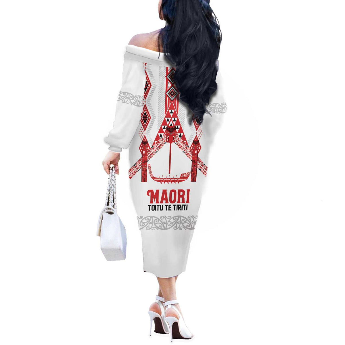 Toitu Te Tiriti Waitangi Off The Shoulder Long Sleeve Dress White Wharenui House LT9 - Polynesian Pride