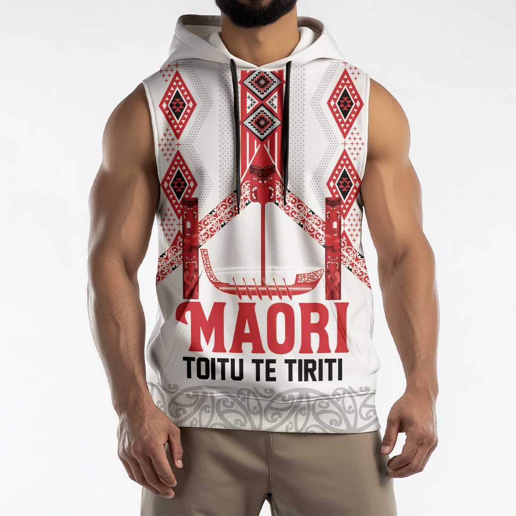 Toitu Te Tiriti Waitangi Sleeveless Hoodie White Wharenui House - Polynesian Pride
