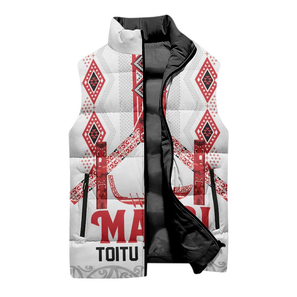 Toitu Te Tiriti Waitangi Sleeveless Puffer Jacket White Wharenui House - Polynesian Pride