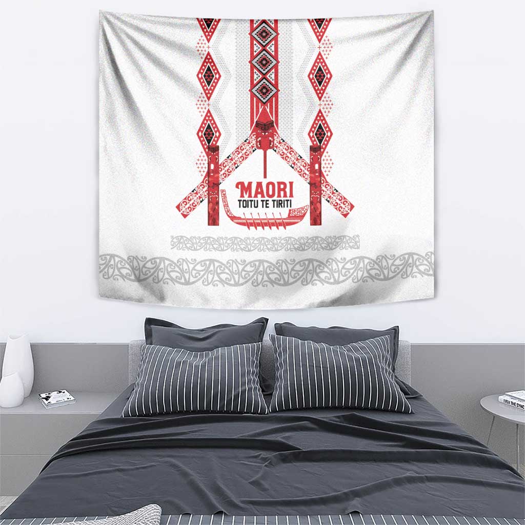 Toitu Te Tiriti Waitangi Tapestry White Wharenui House - Polynesian Pride