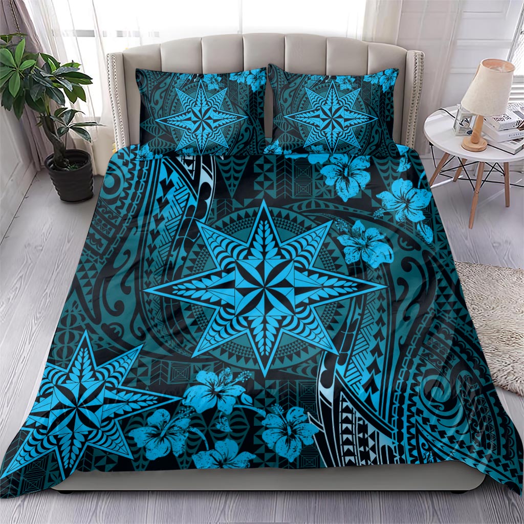 Vintage Tonga Tribal Ngatu Pattern Bedding Set With Pacific Floral Aqua Art LT9 - Polynesian Pride