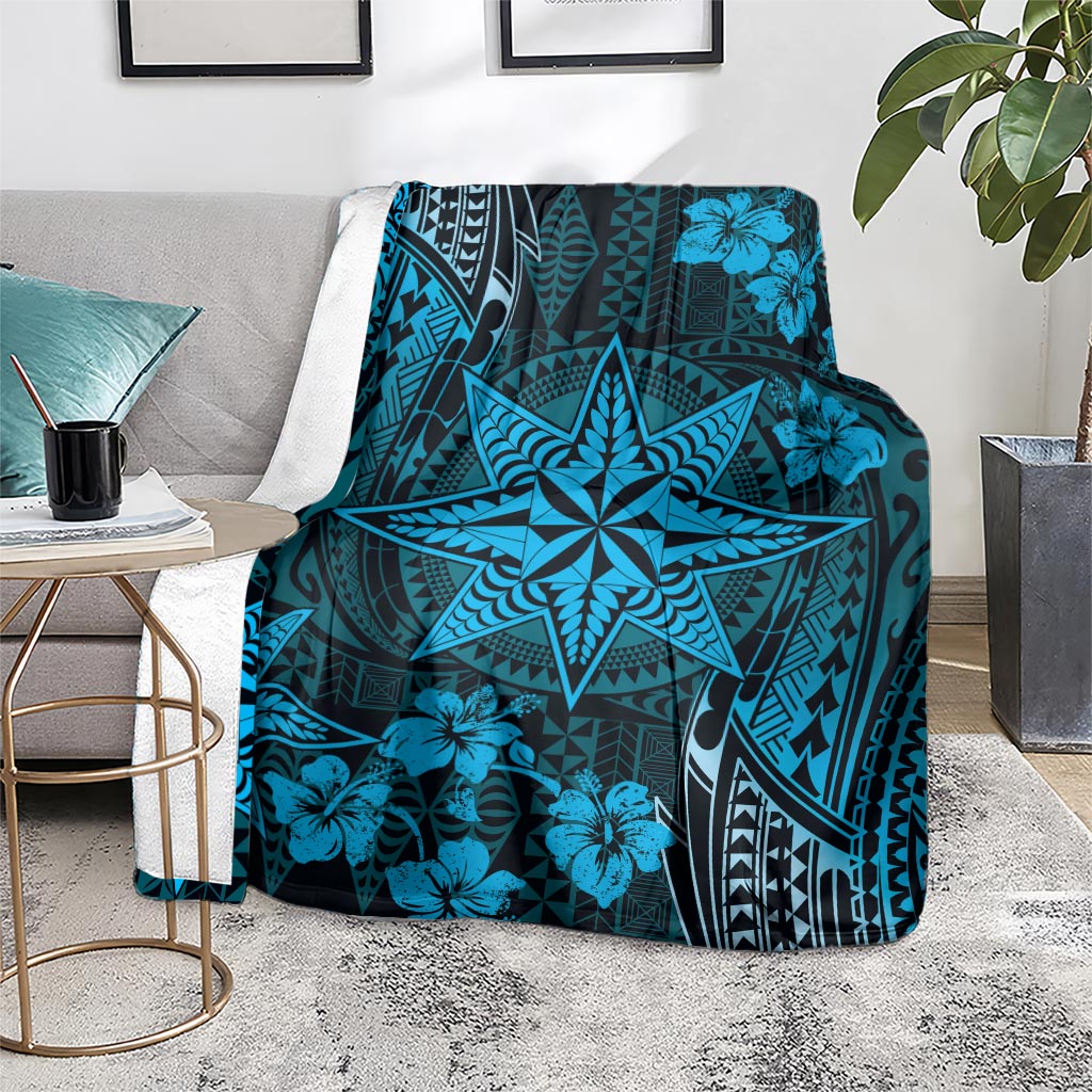 Vintage Tonga Tribal Ngatu Pattern Blanket With Pacific Floral Aqua Art