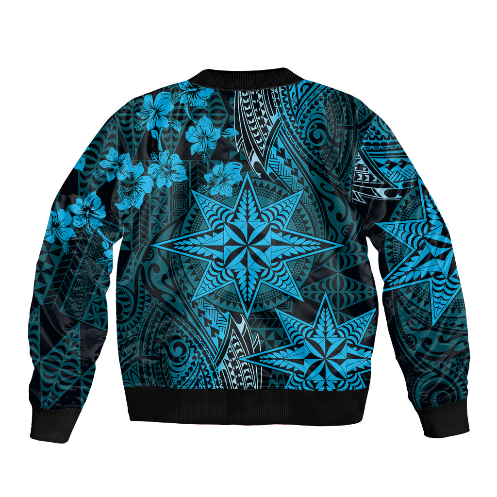 Vintage Tonga Tribal Ngatu Pattern Bomber Jacket With Pacific Floral Aqua Art