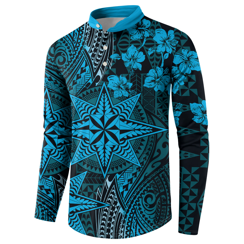 Vintage Tonga Tribal Ngatu Pattern Button Sweatshirt With Pacific Floral Aqua Art