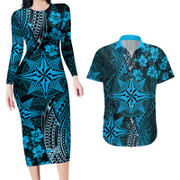Vintage Tonga Tribal Ngatu Pattern Couples Matching Long Sleeve Bodycon Dress and Hawaiian Shirt With Pacific Floral Aqua Art LT9 Aqua - Polynesian Pride