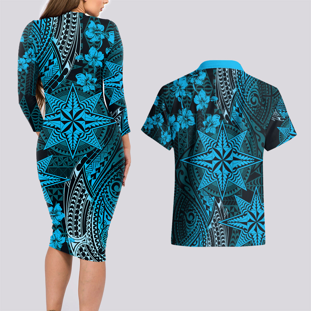Vintage Tonga Tribal Ngatu Pattern Couples Matching Long Sleeve Bodycon Dress and Hawaiian Shirt With Pacific Floral Aqua Art LT9 - Polynesian Pride