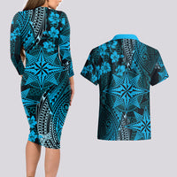 Vintage Tonga Tribal Ngatu Pattern Couples Matching Long Sleeve Bodycon Dress and Hawaiian Shirt With Pacific Floral Aqua Art LT9 - Polynesian Pride
