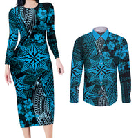 Vintage Tonga Tribal Ngatu Pattern Couples Matching Long Sleeve Bodycon Dress and Long Sleeve Button Shirt With Pacific Floral Aqua Art LT9 Aqua - Polynesian Pride