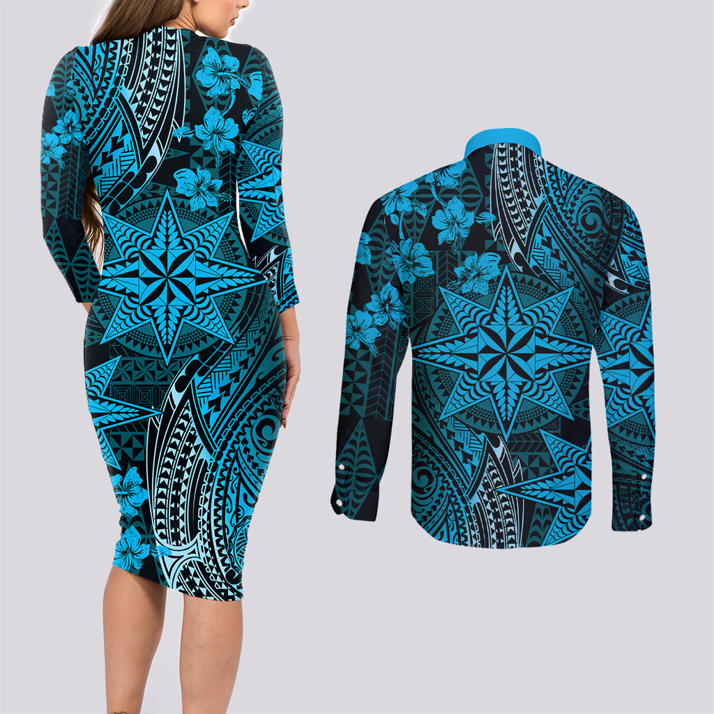 Vintage Tonga Tribal Ngatu Pattern Couples Matching Long Sleeve Bodycon Dress and Long Sleeve Button Shirt With Pacific Floral Aqua Art LT9 - Polynesian Pride